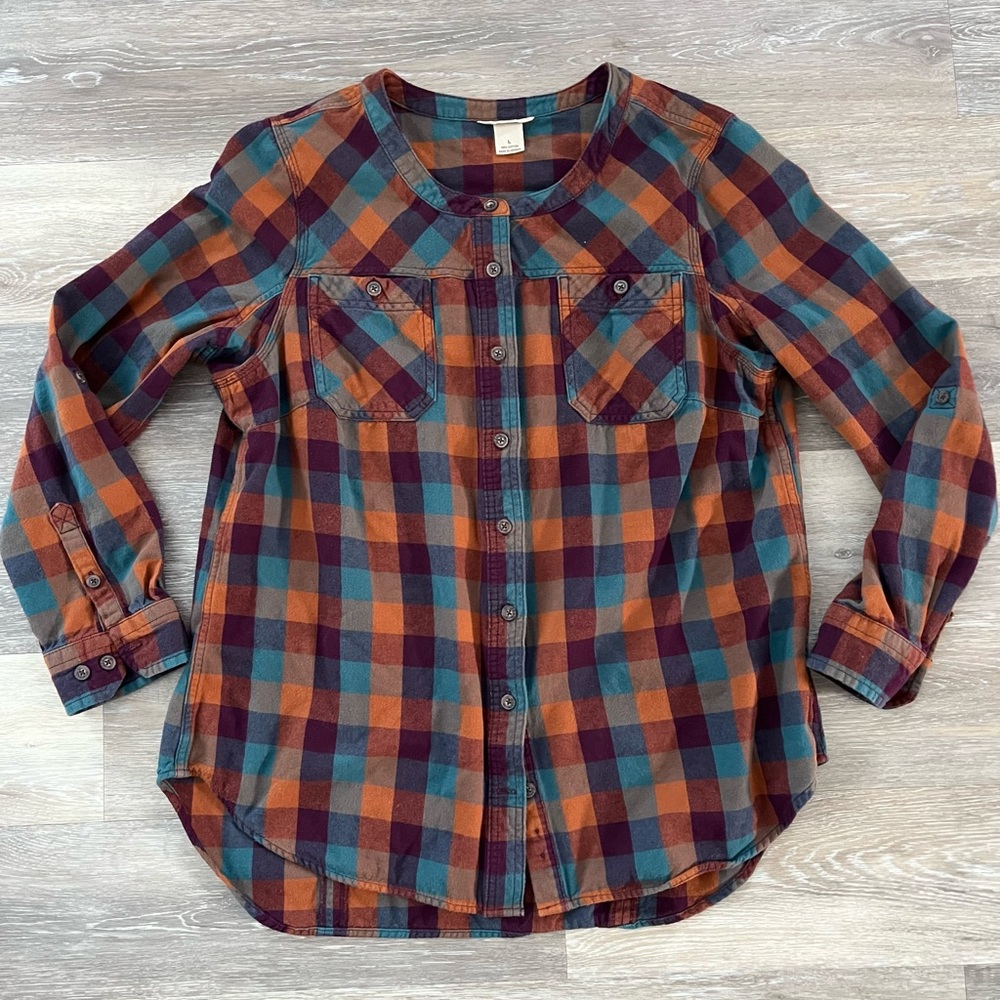 Duluth Trading Co Plaid Shirt in Teal and Rust